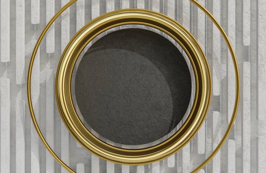 Mock up Black stone plate and Golden arch on white stone wall background.,3d model and illustration. photo