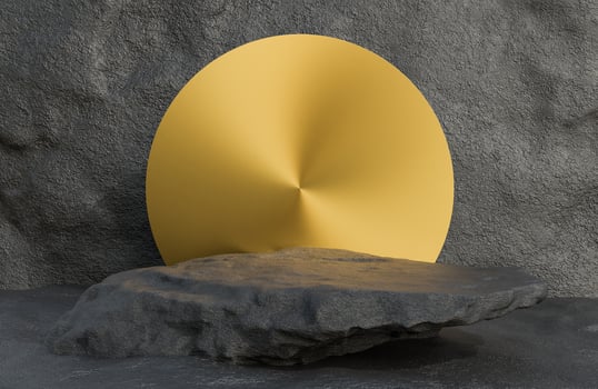 Black stone podium for product presentation and golden arch on stone wall background luxury style.,3d model and illustration. photo