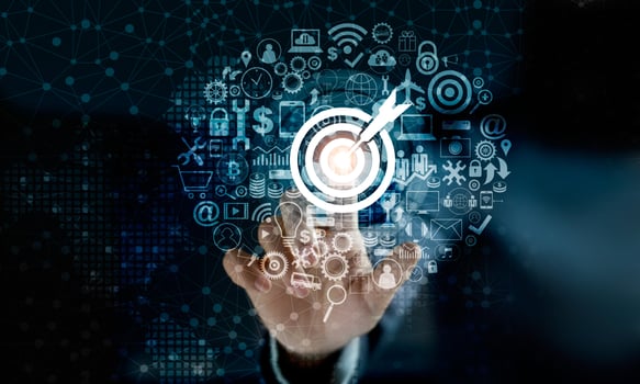 Digital marketing. Businessman touching darts aiming at the target center with icon network connection. Business goal and technology concept photo
