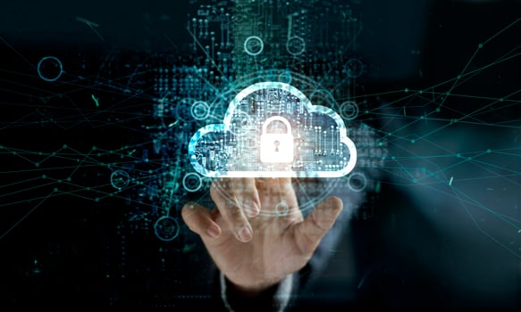 businessman touching Cloud with Padlock icon on network connection, digital background. Cloud computing and network security concept photo