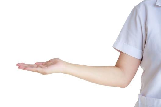 female doctor showing blank area for sign or copyspace, isolated over white background photo