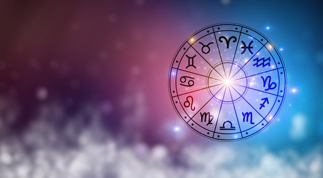 Zodiac signs inside of horoscope circle. Astrology in the sky with many stars and moons  astrology and horoscopes concept photo