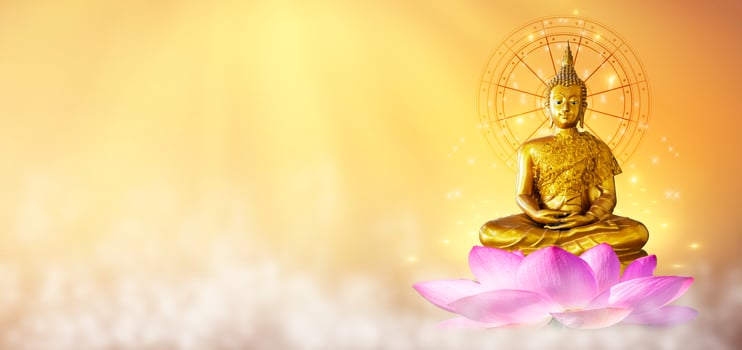 Buddha statue water lotus Buddha standing on lotus flower on orange background photo