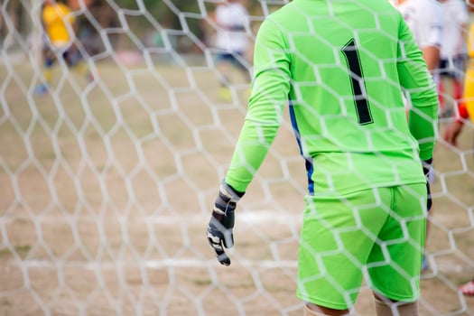 Goalkeeper stands against goal with net and stadium. Football gate net. Behind goal of soccer field. photo