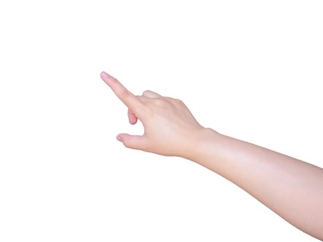 female hand touching or pointing to something isolated on white photo