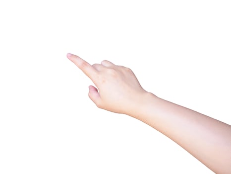 female hand touching or pointing to something isolated on white photo