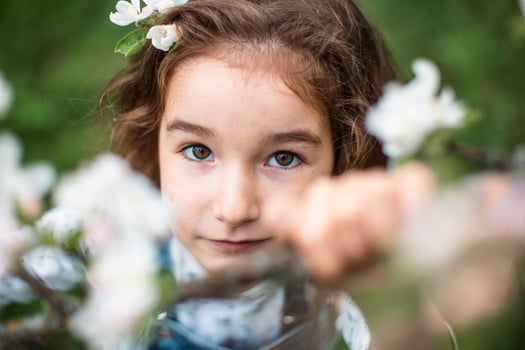 A cute little girl of 5 years old in a blooming white apple orchard in spring. Springtime, orchard, flowering, allergy, spring fragrance, tenderness, caring for nature. Portrait photo