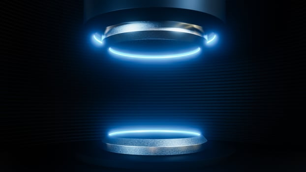 Futuristic pedestal for product presentation on black strip wall background sci-fi style. ,3d model and illustration. photo