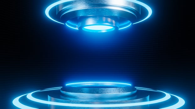 Futuristic pedestal for product presentation on black strip wall background sci-fi style. ,3d model and illustration. photo
