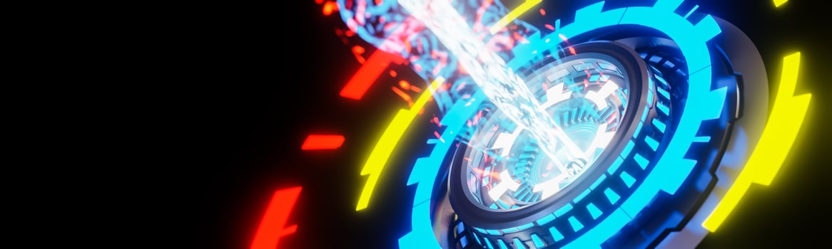 Power button Emits Particle Beam on black background. Sci-fi idea concept. 3d model and illustration. photo