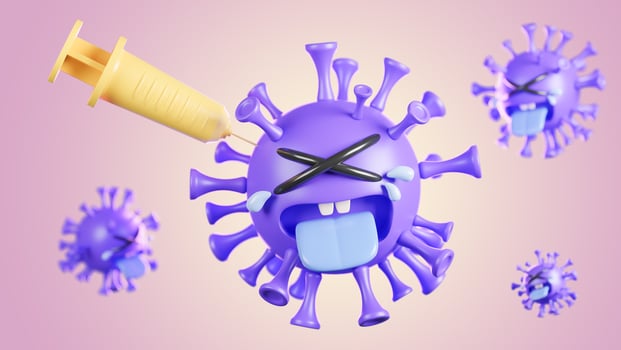 Crying cute purple colona virus character being injected with syringe on pastel background.,vaccine covid-19.,3d model and illustration. photo