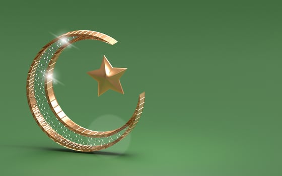 ramadan kareem 3d isolated with golden crescent moon shiny on green background islamic modern design photo