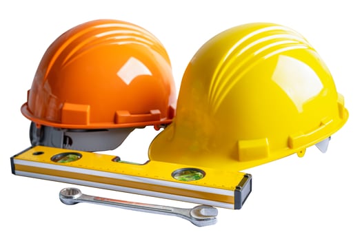Safety first hard helmet hat and engineer tool with copy space, engineering construction and architecture concept. photo
