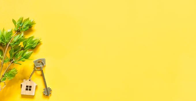 House key with keychain on yellow background and spring bouquet of branches with leaves. Farmhouse, tourism accommodation, booking, moving to new home, mortgage, rent and buy real estate, summer offer photo