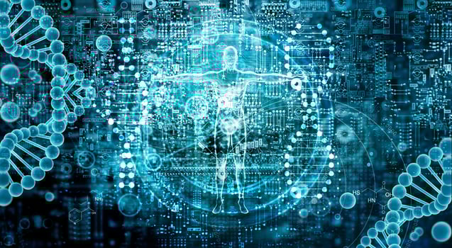 Genetic research and Biotech science Concept. Human Biology technology on abstract digital background. photo