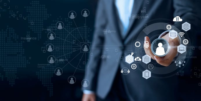 Business leadership choose person team leader represented with employee and human social network comunication. CRM. Human resources concept photo