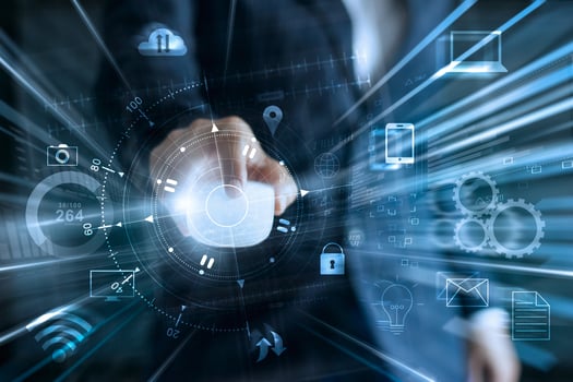 Businessman using mouse global networking data exchanges and payments online shopping with icon customer connection on workdwide information background, m-banking and omni channel, multichannel photo