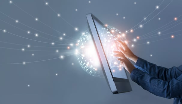 Man touching circle global networking connection, social media, and data exchanges worldwide on blue background, business network communication and technology concept photo