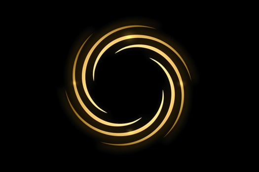 Gold spiral with circle ring on black backdrop, abstract background photo