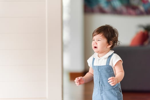 child baby little person are crying at home, newborn are cry and living indoor a house with family, concept of childhood care and comforting photo