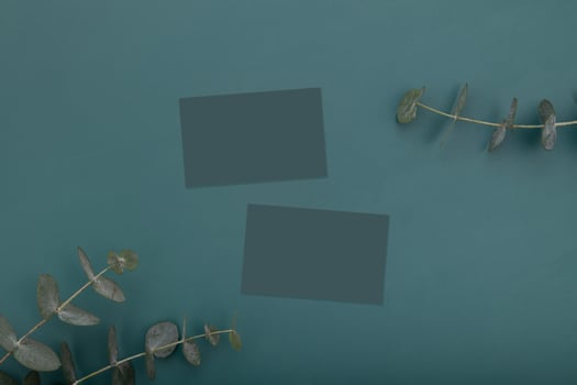 Blank business cards mockup on dark green background with eucalyptus branches top view photo