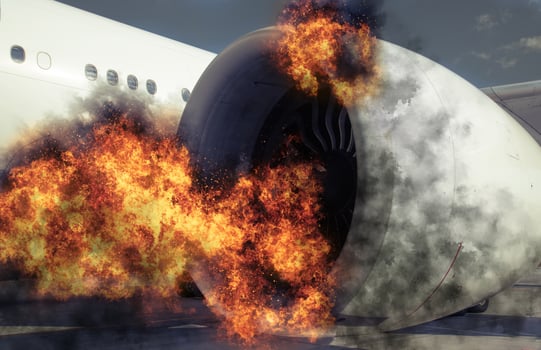 Grounded plane in the airport experiencing a catastrophic failure event caused by burning engine, fire and smoke photo