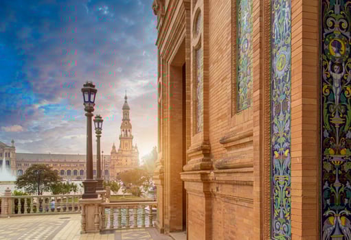 A landmark attraction Plaza de Espana, a plaza in the Parque de Maria Luisa in Seville historic city center photo