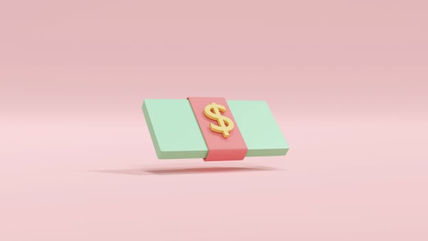 3D Rendering concept of money saving, money icon. a pack of dollar bill in pastel isolated on pink background. 3D render illustration Minimal photo