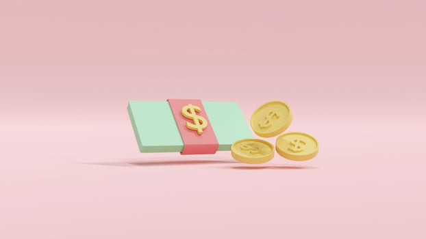 3D Rendering concept of money, online shopping.a pack of dollar bill and coins in pastel. 3D render. 3D illustration. Minimal. photo