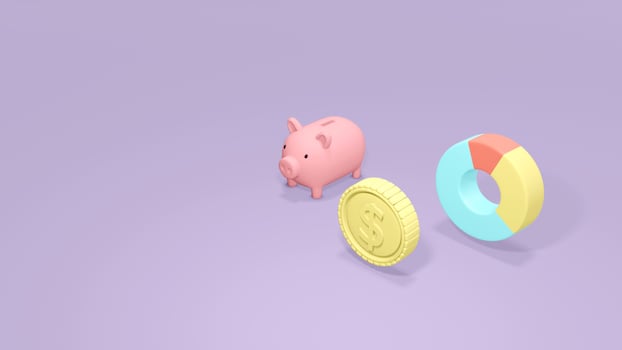 3D Rendering concept of money investment. a coin, a piggy bank  and a pie chart on  background. 3D Render. photo