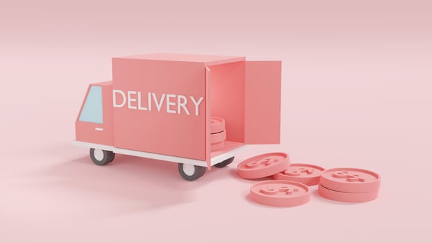 3D Rendering concept of money and financial. car truck with text delivery with money coins isolated on pink background. 3D render. 3D illustration. photo