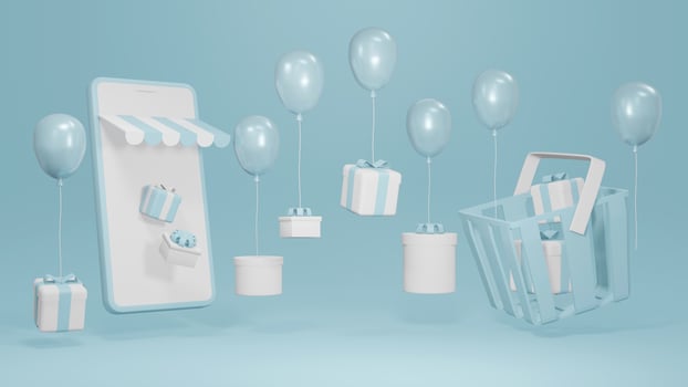 3D Rendering concept of E-commerce, online store shopping. smartphone with gift boxes and balloons for commercial design. 3D render. photo