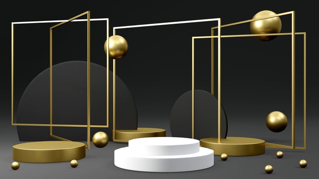 3D rendering concept of product display podiums with glowing and opaque geometry elements for commercial template design. 3D Render. Platform exhibition. Black and gold theme. photo