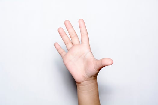 Girl raising five fingers up on hand on white background. photo