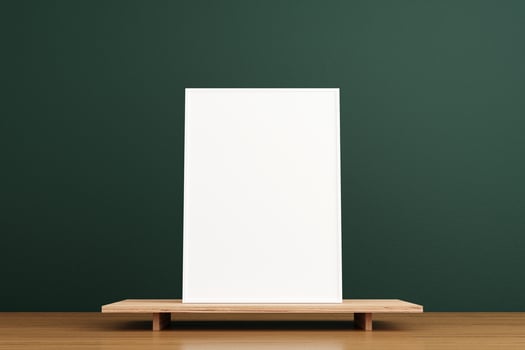 Minimalist and clean vertical white poster or photo frame mockup on the wooden table in living room. 3D Rendering.