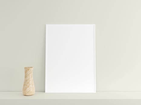 Customizable minimalist vertical white poster or photo frame mockup on the podium table with vase. 3D Rendering.
