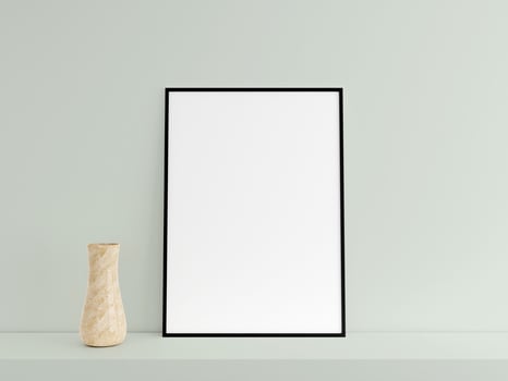Customizable minimalist vertical black poster or photo frame mockup on the podium table with vase. 3D Rendering.