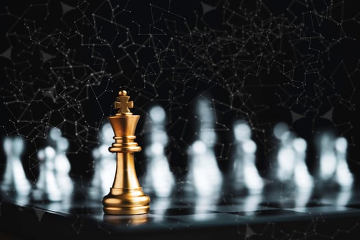 Golden king chess encounter with silver chess enemy on dark background and connection line for strategy idea and futuristic concept photo