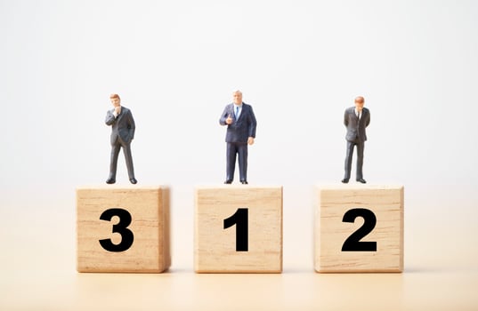 Businessman figure standing on wooden podium number 1 2 and 3 for business ranking competition concept. photo