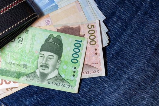 Korean money, Korea Banknote, Korean won on Jean Background. photo