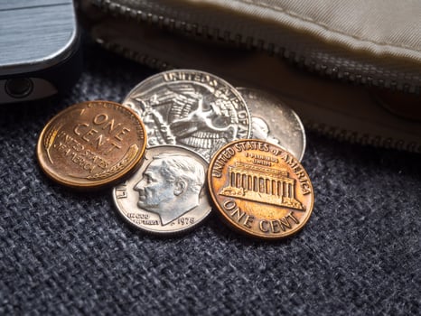 US dollar coins placed outside the wallet with smartphone. photo