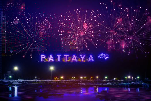 Colorful fireworks on Pattaya city alphabet in the night scene photo