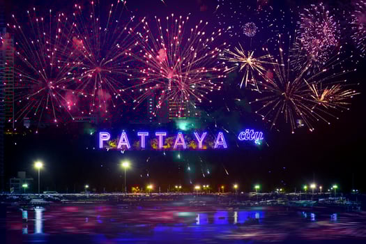 Colorful fireworks on Pattaya city alphabet in the night scene photo