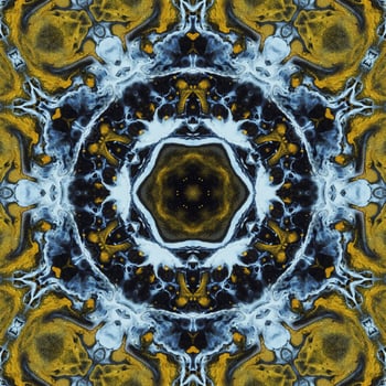 Dark circle abstract background. Kaleidoscope pattern in yellow and blue color. Free Photo