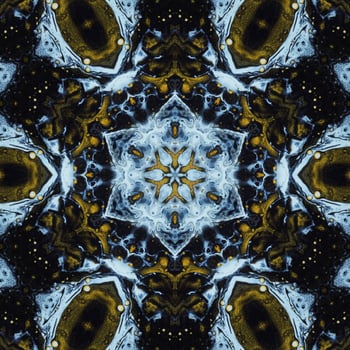 Dark circle abstract background. Kaleidoscope pattern in yellow and blue color. Free Photo