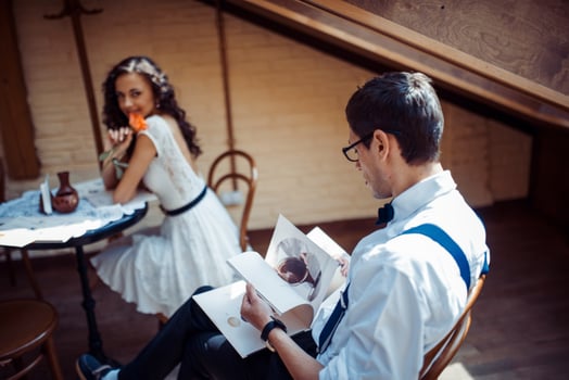 Romantic couple in love bonding in cafe photo