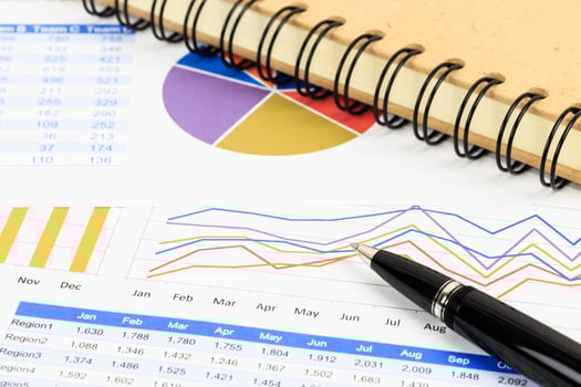 Marketing report chart and graph analysis with pen and book photo