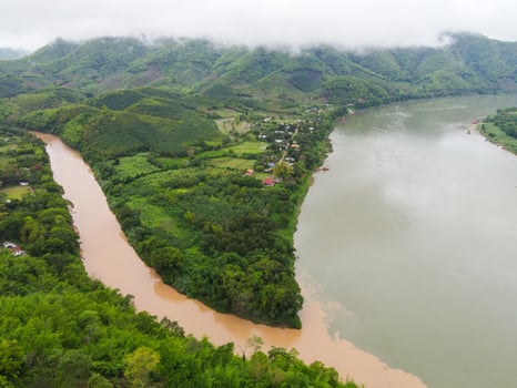 Mekong River Thailand Laos border, view nature river beautiful mountain river with forest tree Aerial view Bird eye view landscape jungles lake flowing wild water after the rain photo