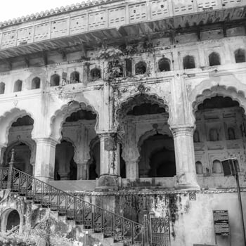 Jahangir Mahal Orchha Fort in Orchha, Madhya Pradesh, India, Jahangir Mahal or Orchha Palace is citadel and garrison located in Orchha Madhya Pradesh. India, India Archaeological Site Black White photo