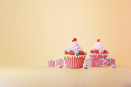 Pink cupcake with red strawberry, and sweet pastel marshmallow and gift box for valentine day and celebration 3d illustration photo